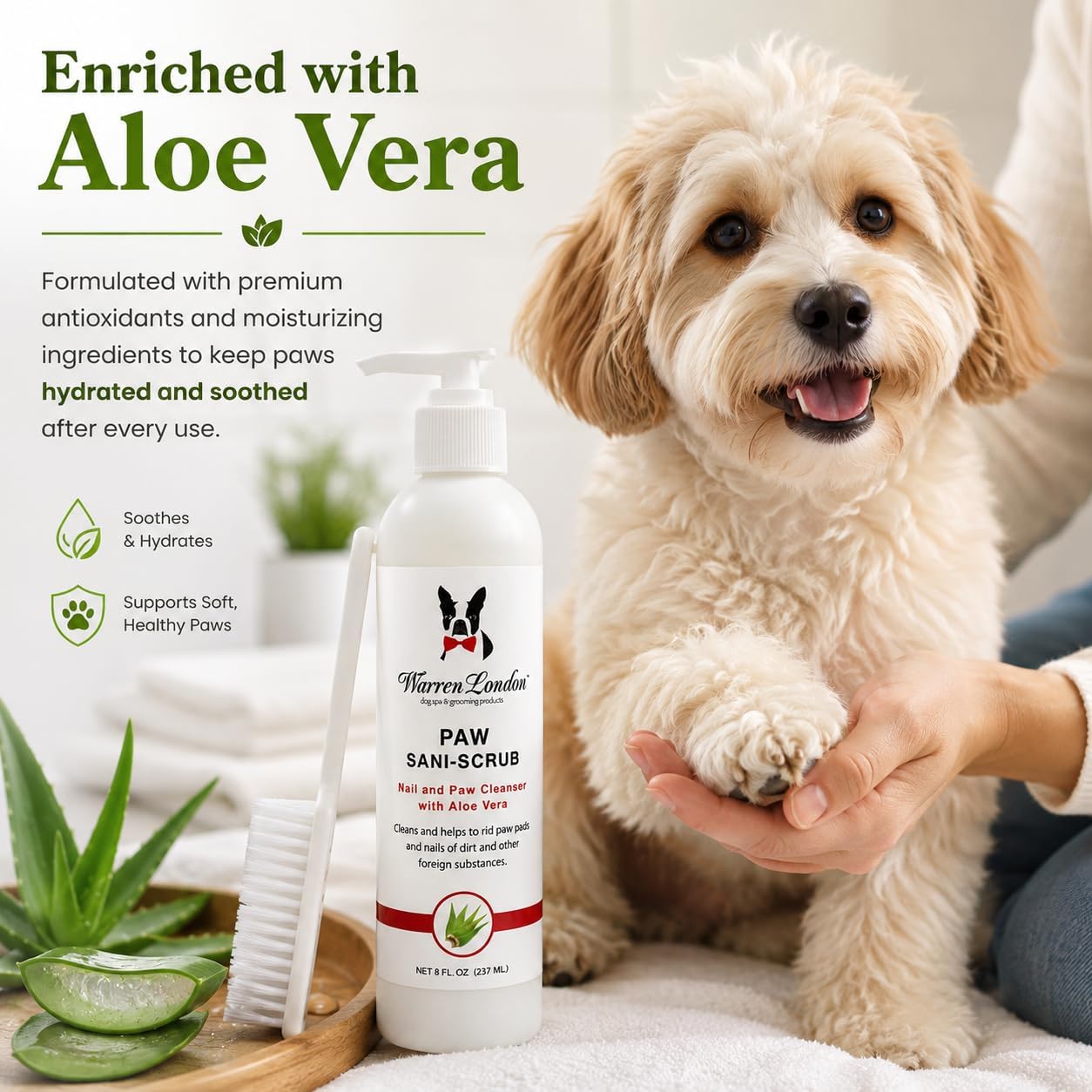 Warren London Paw Scrub – Deep Cleaning Paw & Nail Cleanser with Aloe Vera – Removes Dirt & Grime – Includes Scrub Brush – Made in USA - 8 oz