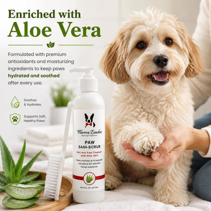Warren London Paw Scrub – Deep Cleaning Paw & Nail Cleanser with Aloe Vera – Removes Dirt & Grime – Includes Scrub Brush – Made in USA - 8 oz