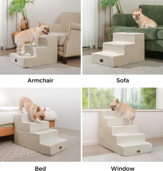 Made4Pets Dog Steps for Bed, Extra Wide Dog Stairs for High Bed Couch Sofa, 35D Foam Pet Steps for Small Dogs and Cats(Up to 40lbs), Non-Slip Bottom Pet Stairs, Tan, 4 Steps