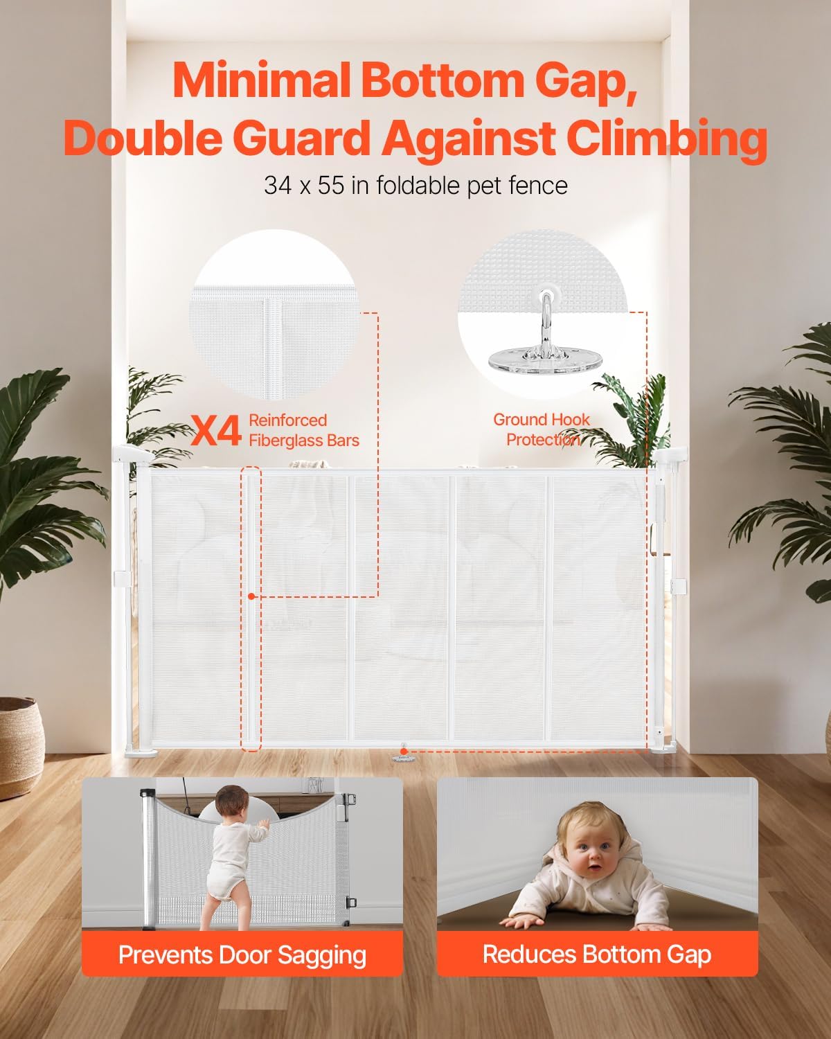 VEVOR Retractable Baby Gate, 34 inch Tall, Extends up to 110 inch Wide, Retractable Gate for Kids or Pets, Mesh Material, Easy to Install for Indoor Stairs, Doorways, Hallways, Playrooms, Gray