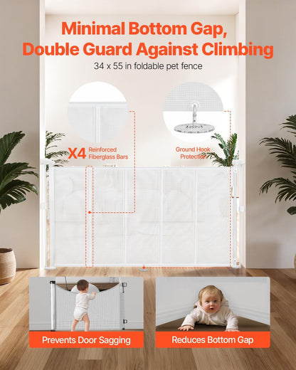 VEVOR Retractable Baby Gate, 34 inch Tall, Extends up to 110 inch Wide, Retractable Gate for Kids or Pets, Mesh Material, Easy to Install for Indoor Stairs, Doorways, Hallways, Playrooms, Gray