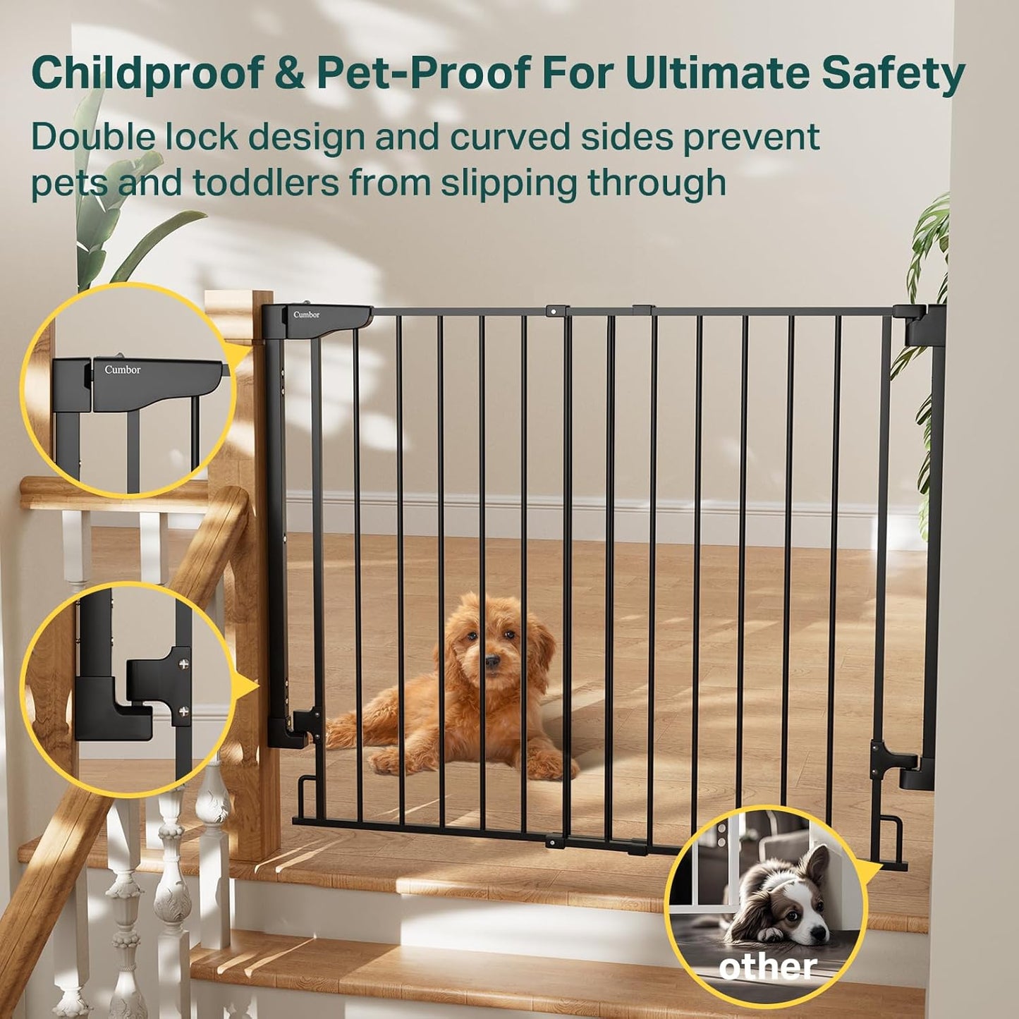 Cumbor 29.2–43" Baby Gate for Stairs, Hardware Mounted (Drill Required), Expandable No Bottom Bar Dog Gate, Auto Close Extra Wide Walk Thru, Pet & Toddler Proof Gate, Top & Bottom of Stairways(Black)