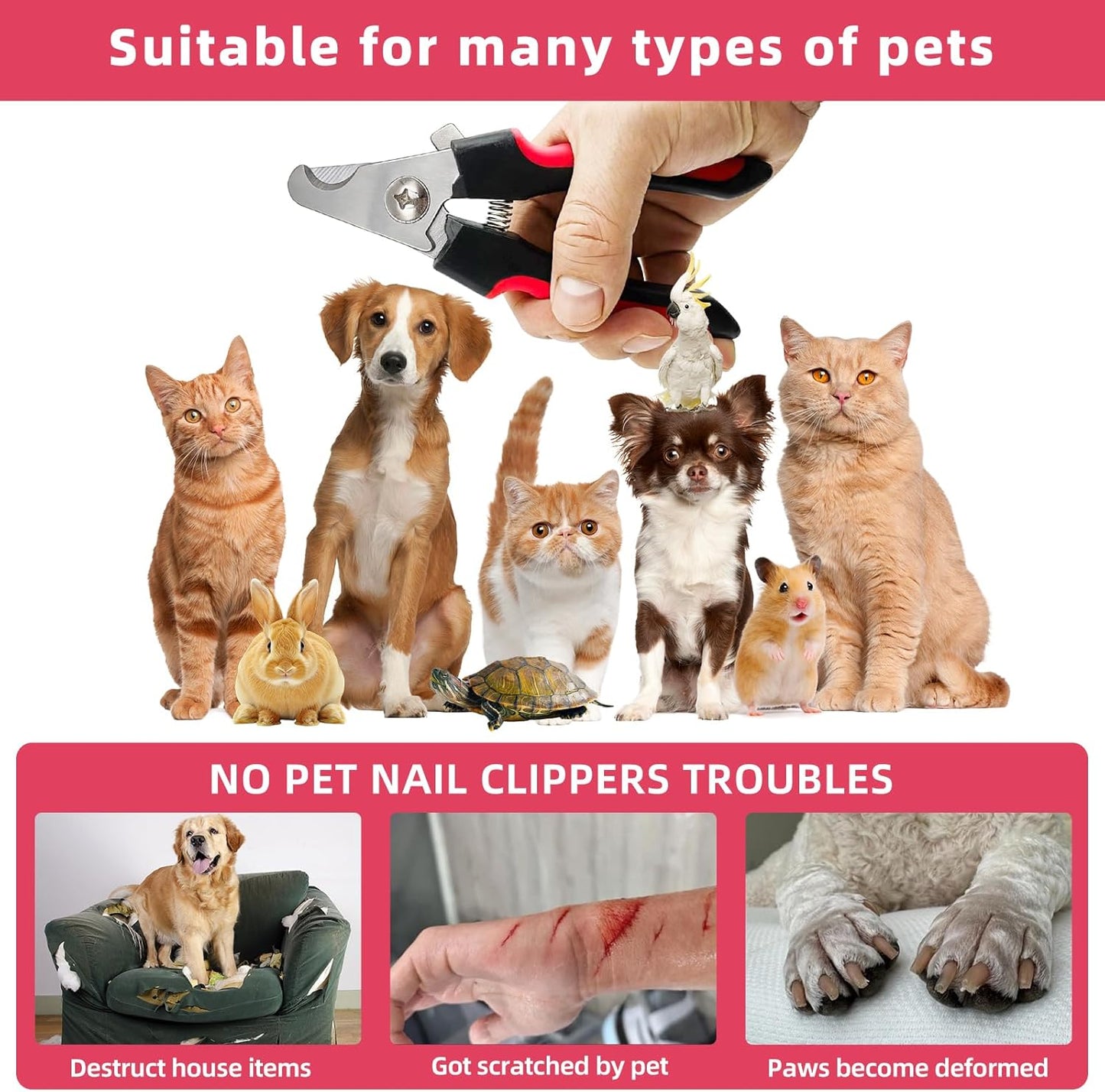 5Pcs Dogs and Cats Grooming Nail Clippers Kit Pet Claws Nail Clipper Trimmers, with Protective Guard Lock to Avoid Over Cutting, Professional Trimmers for Large and Small Cat and Dog (Pink)