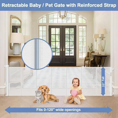Reinforced 90 Inch Retractable Baby Gates Extra Wide Baby Gate with Reinforced Strips, 7.5ft Long Retractable Dog Gate for The House 33 Inch Tall Extra Long Pet Gates for Wide Openings, Black
