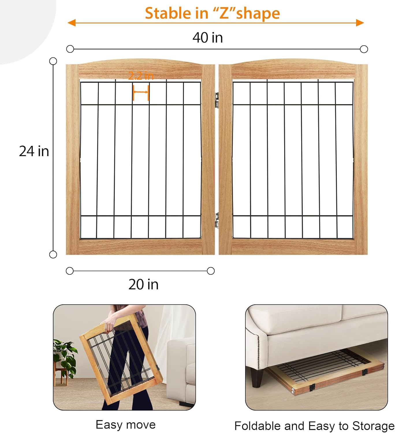 LZRS 2-Panel Freestanding Foldable Wood Dog Gate – Solid Wood & Steel Wire, Chew-Resistant Pet Barrier for Indoor Use, Ideal for Small to Medium Dogs, White