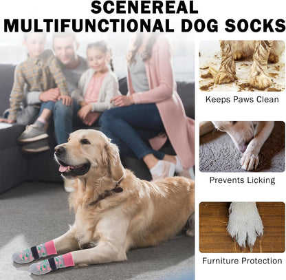 SCENEREAL 6Pcs Anti Slip Dog Socks to Prevent Licking Paws for Hot/Cold Pavement, Dog Grippy Socks for Hardwood Floors, Dog Shoes for Boots & Paw Protectors for Puppy Small Medium Large Senior Dogs