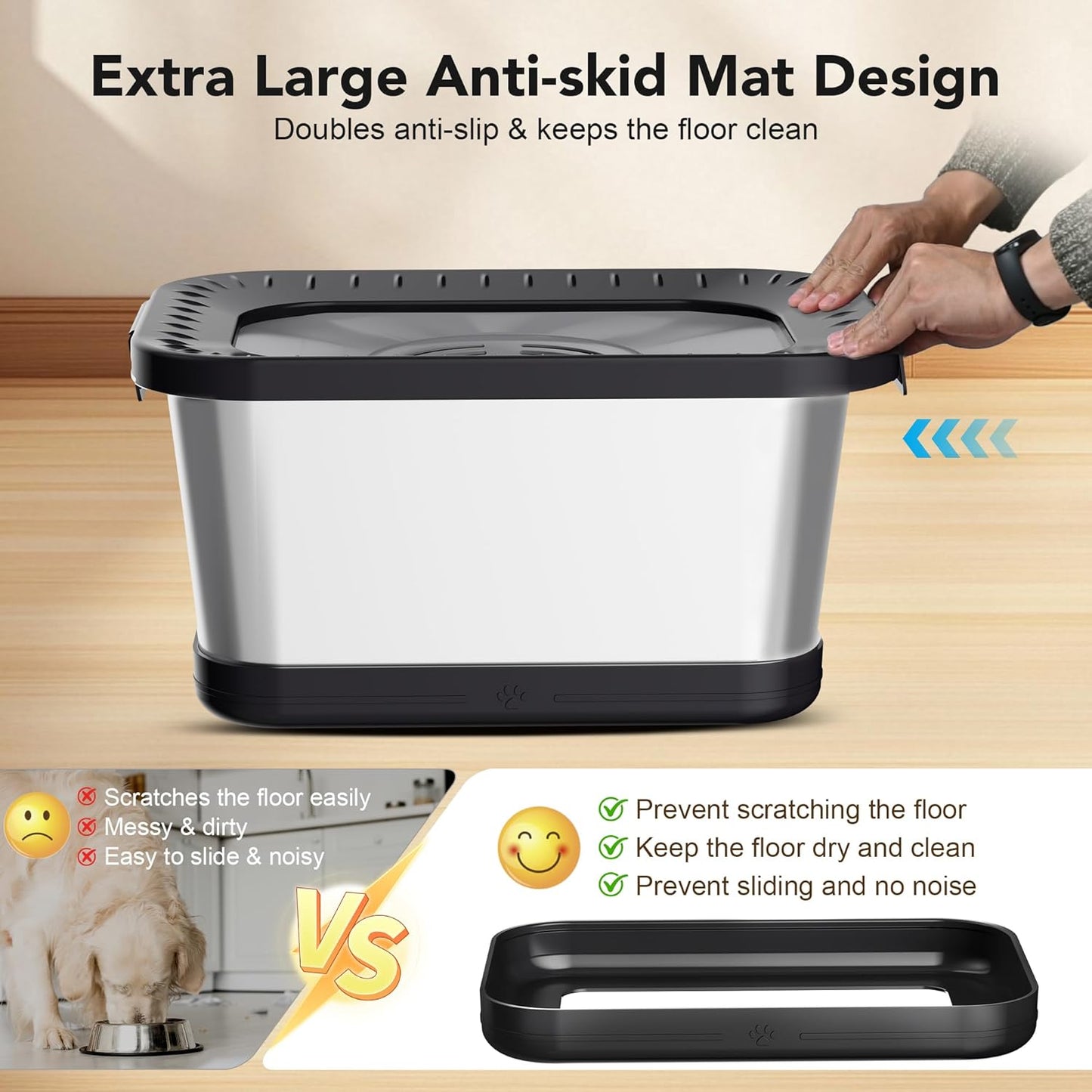 Decflow 10L Stainless Steel Dog Water Bowl, No Spill Anti-Splash Dog Bowls with XXL Silicone Mat, Spill-Proof Slow Feeder for Messy Drinkers, Heavy Duty Pet Bowls for Indoor/Outdoor Use Grey