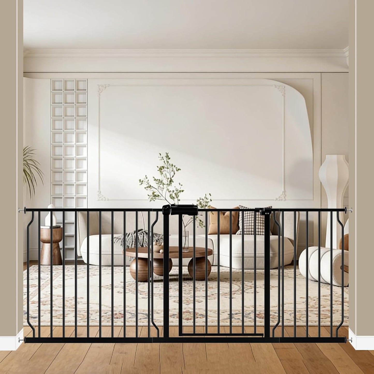 WAOWAO Baby Gate 71.65-85.03" Extra Wide Pressure Mounted Walk Through Swing Auto Close Safety Metal Black Toddler Kids Child Dog Pet Puppy for Stairs,Doorways,Kitchen
