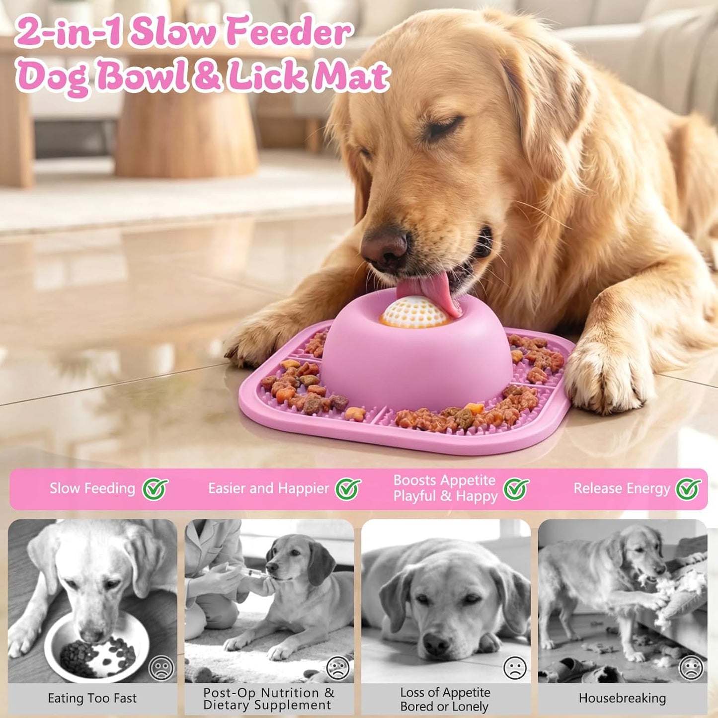 Slow Feeder Dog Bowls & Lick Mat for Liquid and Thick Treat, Anti-Slip Dog Lick Bowl with Interactive Rolling Ball, 5/6 Cup Pup Licking Toy for Large Medium Small Dogs and Cats Blue