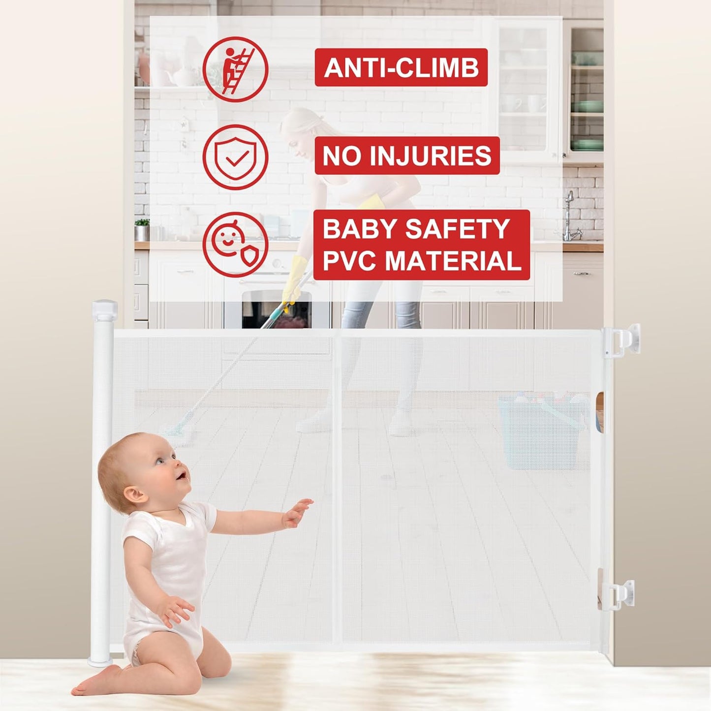 55 inches Retractable Baby Gate, 34 inches Tall Extra Wide Pet Gate for Stairs, Hallways and Doorways, Indoor Outdoor Safety Gate for Toddlers & Small Dogs, Black