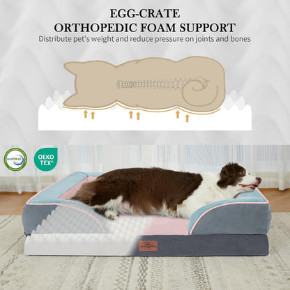 Comfort Expression Orthopedic Dog Bed for Extra Large Dogs 42x30 Inch, Waterproof Egg Crate Foam XL Pet Bed with Removable Bolsters, Dog Couch with Washable Cover & Non-Slip Bottom, Grey - Colors B