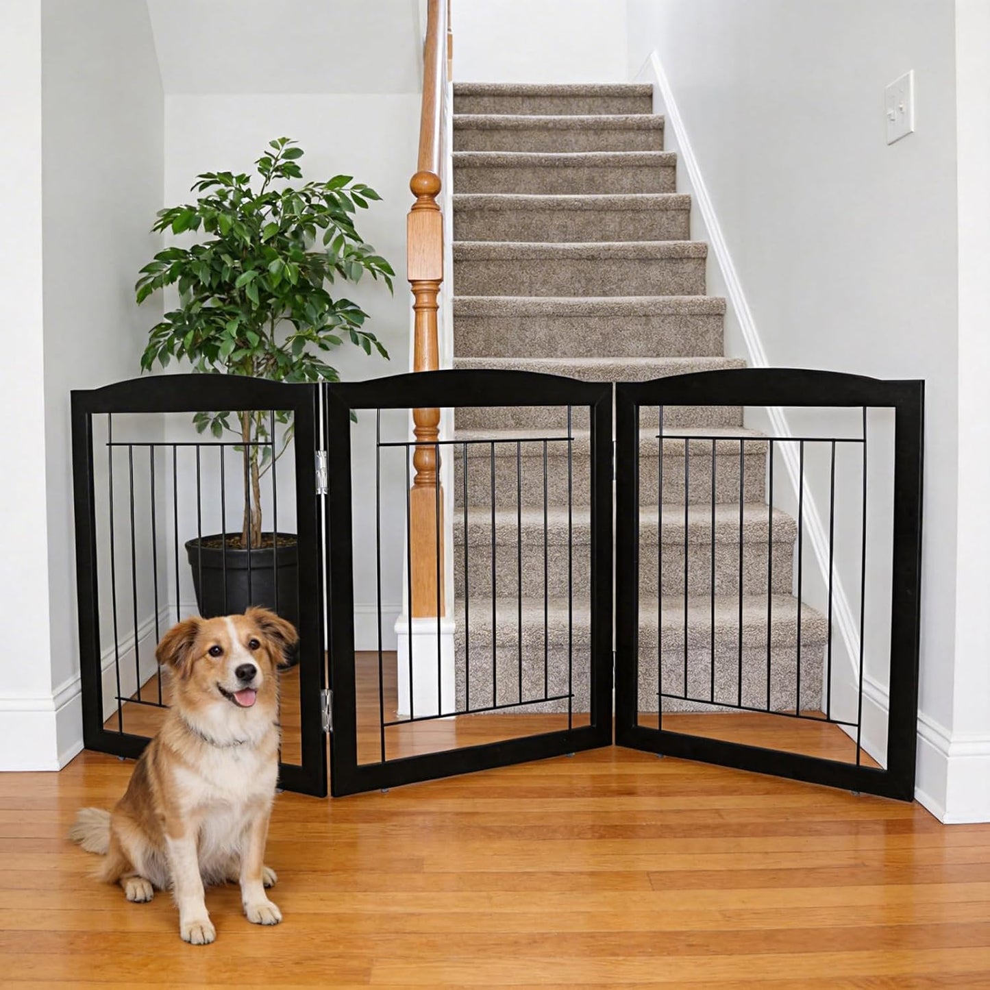 ZJSF Freestanding Foldable Dog Gate for House Extra Wide Wooden White Indoor Puppy Gate Stairs Doorways Pet Gate Tall Dog Fence 3 Panels Fence