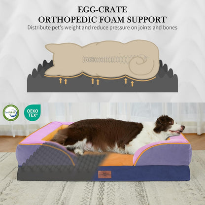 Comfort Expression Orthopedic Dog Bed for Extra Large Dogs 42x30 Inch, Waterproof Egg Crate Foam XL Pet Bed with Removable Bolsters, Dog Couch with Washable Cover & Non-Slip Bottom, Grey - Colors B
