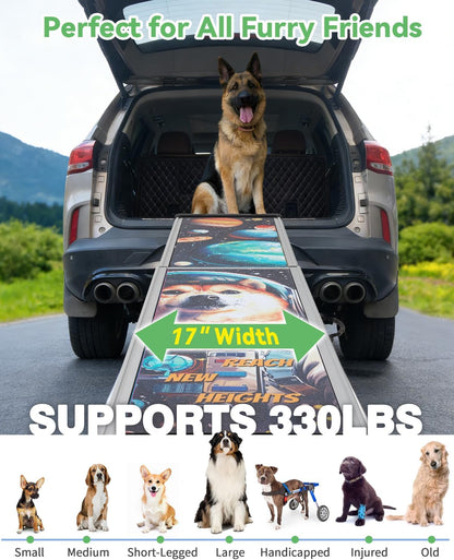 COZIWOW Telescoping Dog Car Ramp for Large Dogs - Heavy-Duty Aluminum Pet Ramp with High-Traction Surface, Anti-Slip Steps for Cars/Trucks/SUVs,Adjustable Sizing,330LB Load Capacity (63.5" L)