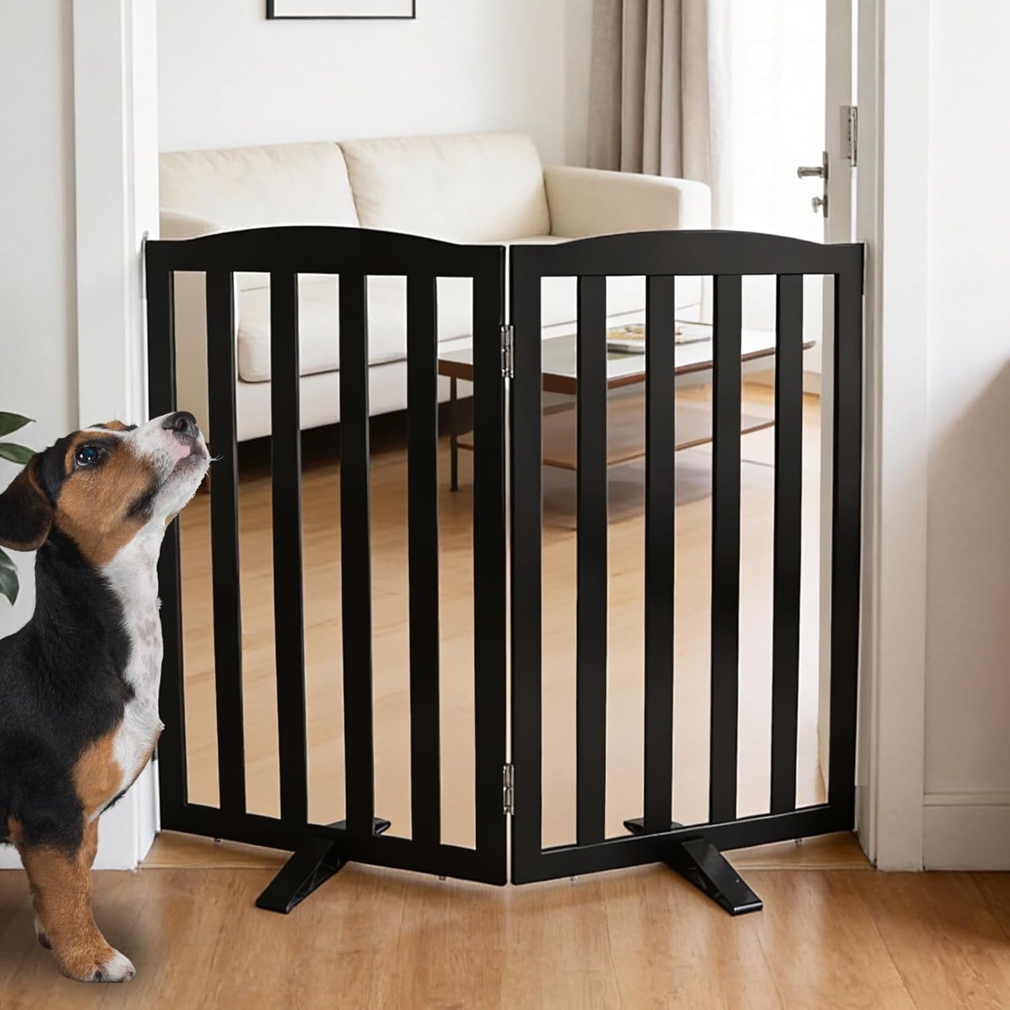 Freestanding Dog Gate Indoor,Doggie Gate Foldable Dog Gates for Doorways,Stairs or Hallways, Wooden White Pet Gate for the House, Pet Fence with Support Feet Included,24 "Height-4 Panels