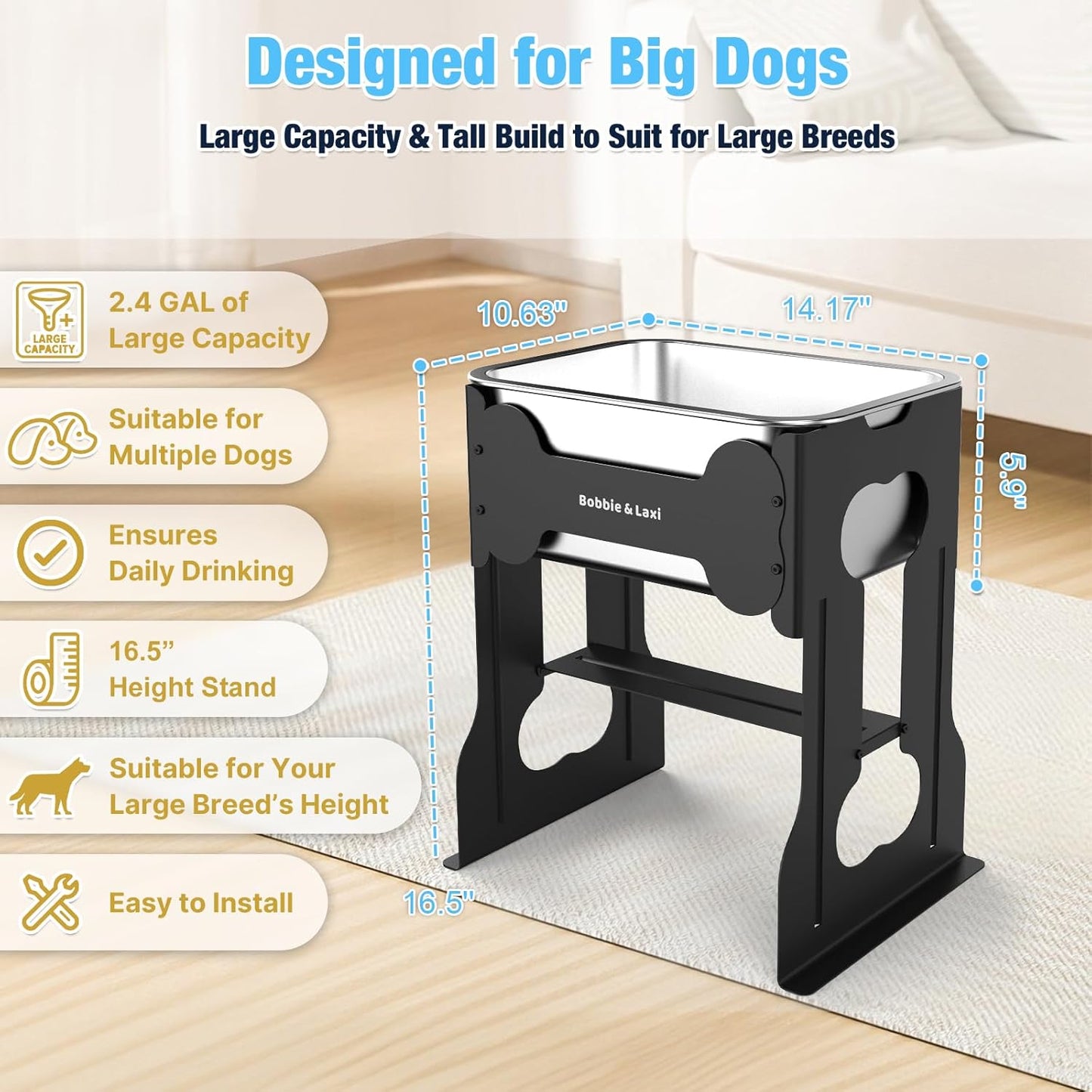 2.4 Gallon Elevated Large Dog Water Bowl,14" Raised Stainless Steel Bowl with Stand for Large Breed, Full Metal Dog Feeding Station for Relief Joint Pressure, Easy Clean for Indoor & Outdoor Uses