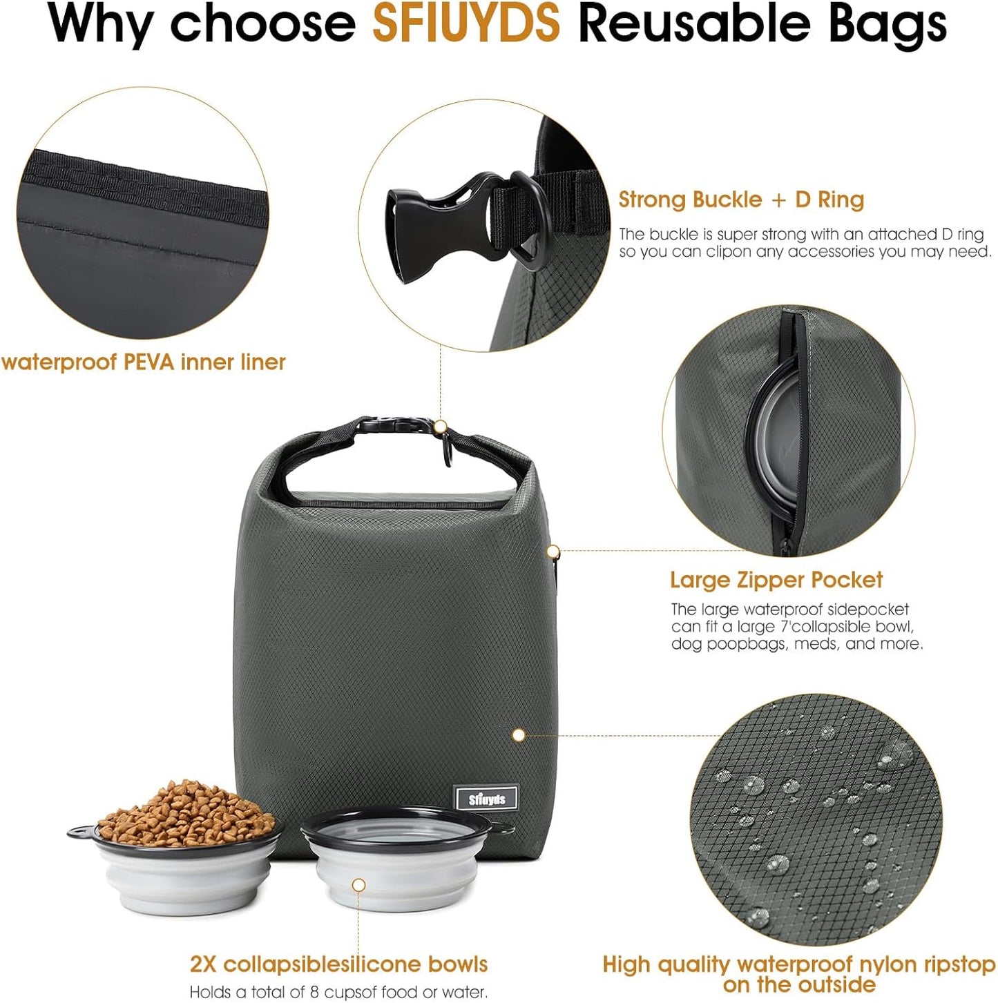 Travel Dog Food Container Pet Food Storage Bag Containers 2PCS Collapsible Travel Dog Bowls Waterproof Camping Storage Essentials Kibble Carrier 20L Easy to Clean (Black, Large)