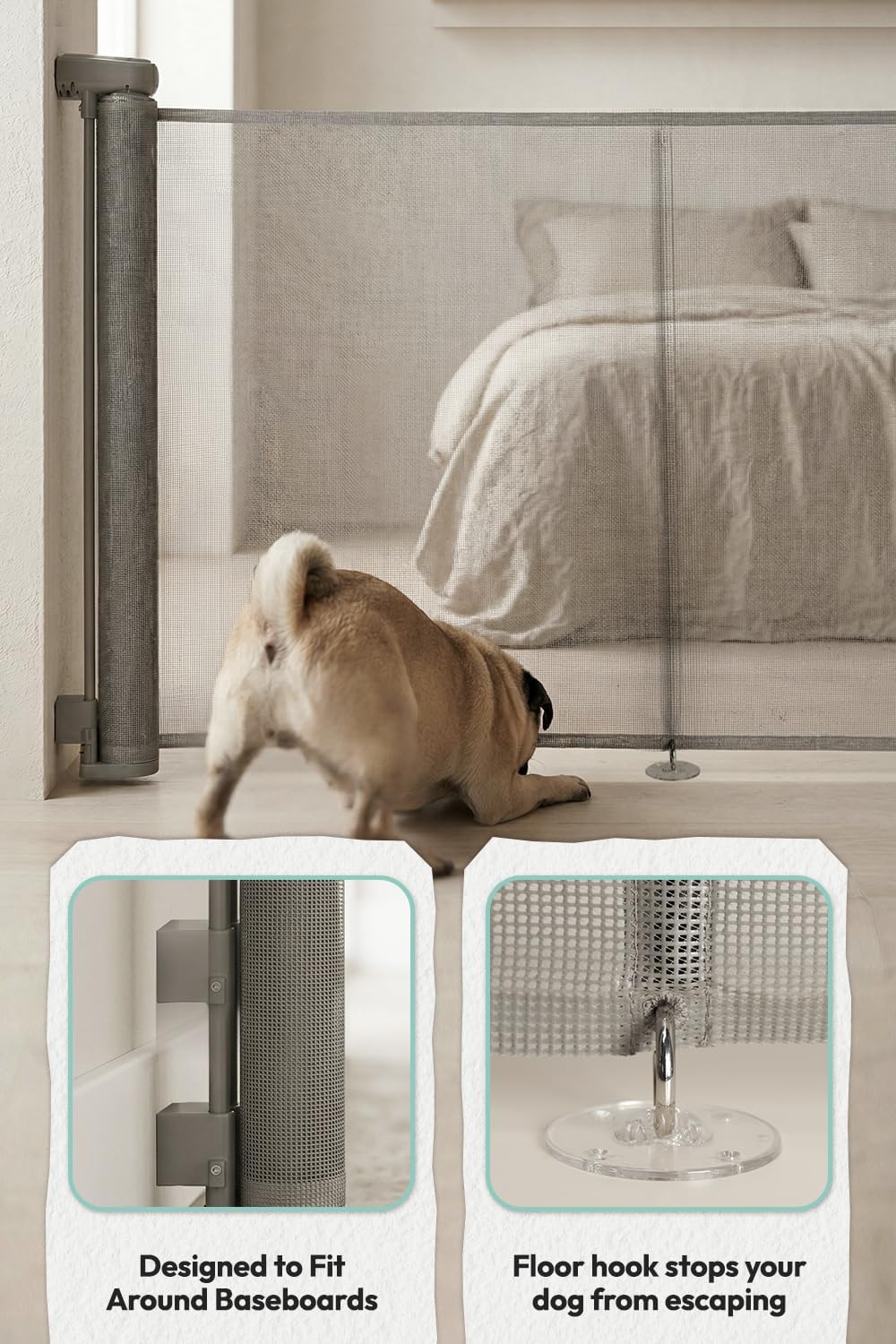 15.7" H Mesh Short Dog Gate, Extends Up to 59" W Retractable Pet Gate with Drill Installation, Small Dog Gate for Stairs, Easy Step Over Low Puppy Gate for Doorways Indoor Outdoor, Black