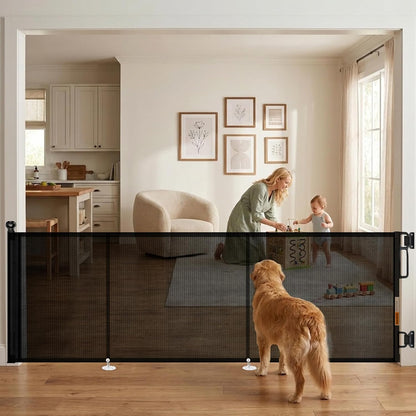Retractable Baby Gate - 118" Extra Wide Mesh Dog Gate with Support Rods - 34" Tall for Stairs, Doorways, Hallways - Drill or No-Drill - Pet & Cat Gate - Outdoor/Indoor (Black, 9.84 ft)