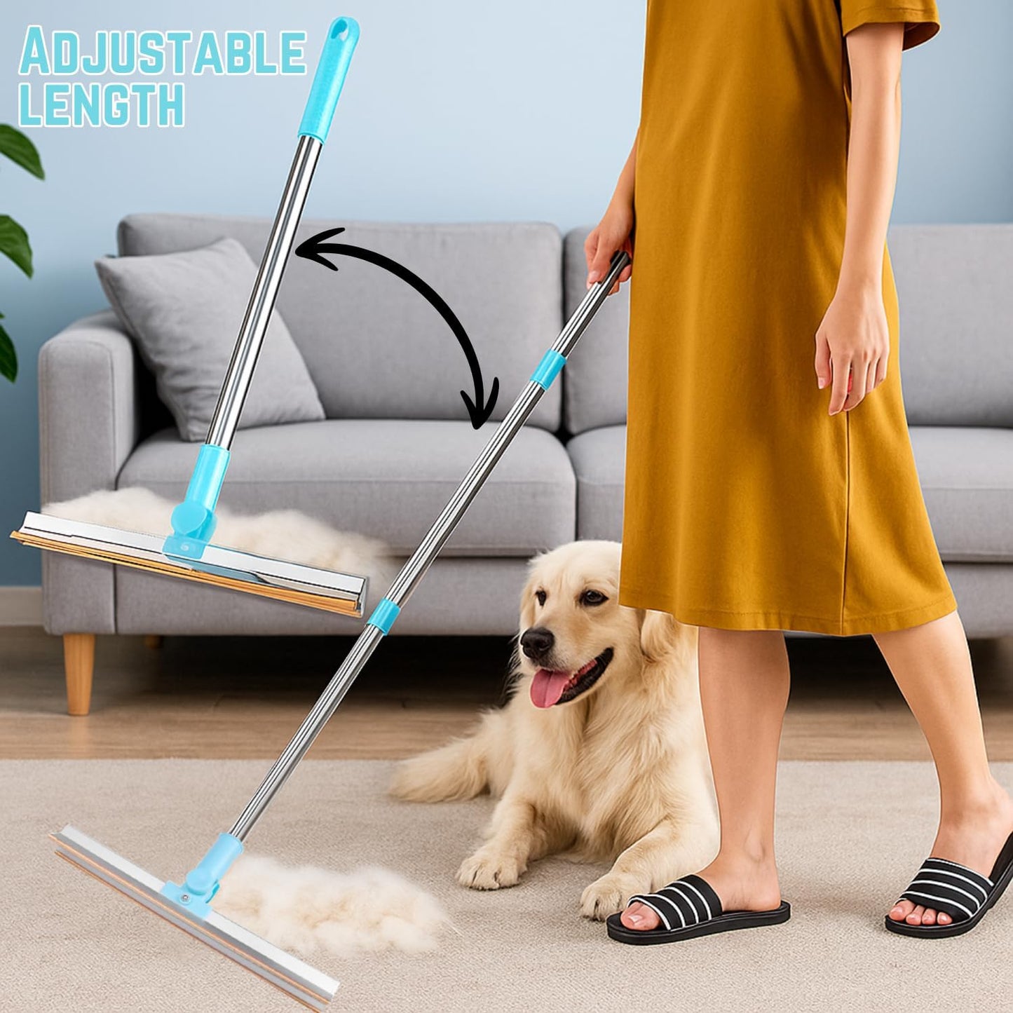 Carpet Rake for Pet Hair Removal Tool 5-in-1 Set Includes Retractable Carpet Rake, Grooming Brush, Hair Scraper, Hooks & Lint Removers for Carpets, Rugs, Furniture & Car Interiors