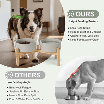 SPUNKYJUNKY Elevated Dog Bowls Ceramic, 6.1'' Dogs and Cat Food Water Bowls Raised with Non-Slip Bamboo Stand for Medium Sized Breed Microwave Dishwasher Safe - 28.7 OZ,Beige