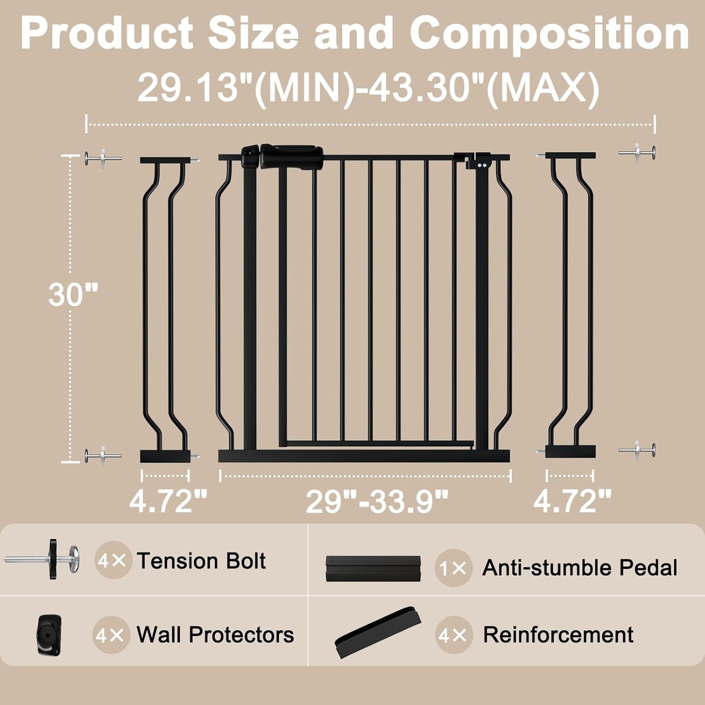 WAOWAO Baby Gate 71.65-85.03" Extra Wide Pressure Mounted Walk Through Swing Auto Close Safety Metal Black Toddler Kids Child Dog Pet Puppy for Stairs,Doorways,Kitchen
