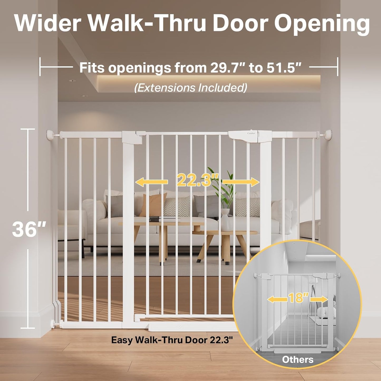 Cumbor 36.6-64" Extra Wide Baby Gate for Stairs, Dog Gates for Doorways, Auto-Close Pet Gate Indoor, Pressure Mounted Walk Through Safety Child Gate for Kids Toddler, Tall Pet Puppy Fence Gate, Brown