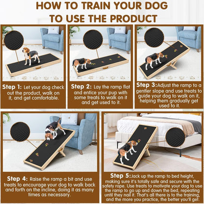 Dog Ramp for Couch with Non-Slip Silicone Mat, 39" Wooden Pet Ramps for Small Dogs, Hold up to 100lb, Adjustable Height from 11.41" to 20.47", Portable Stable Pet Step for Sofa Stairs