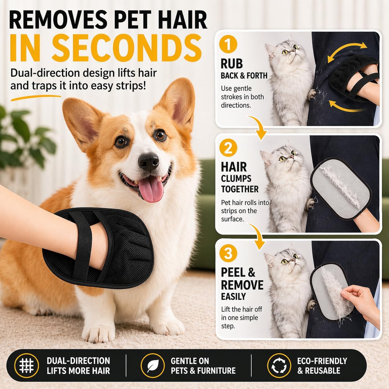 PAWZZ Shed Happens Pet Hair Removal Glove for Dogs & Cats, Great for Deshedding & Removing Fur from Couch, Carpet, Car Seats & Clothing, with Bonus Lint Roller