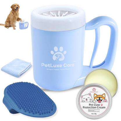 Dog Paw Washer Kit - Includes Paw Cleaner Cup, Towel, Pet Bath Brush & Moisturizing Balm - Dog Foot Washer for Muddy Paws, ideal for Small & Medium Dogs (Blue, Small)