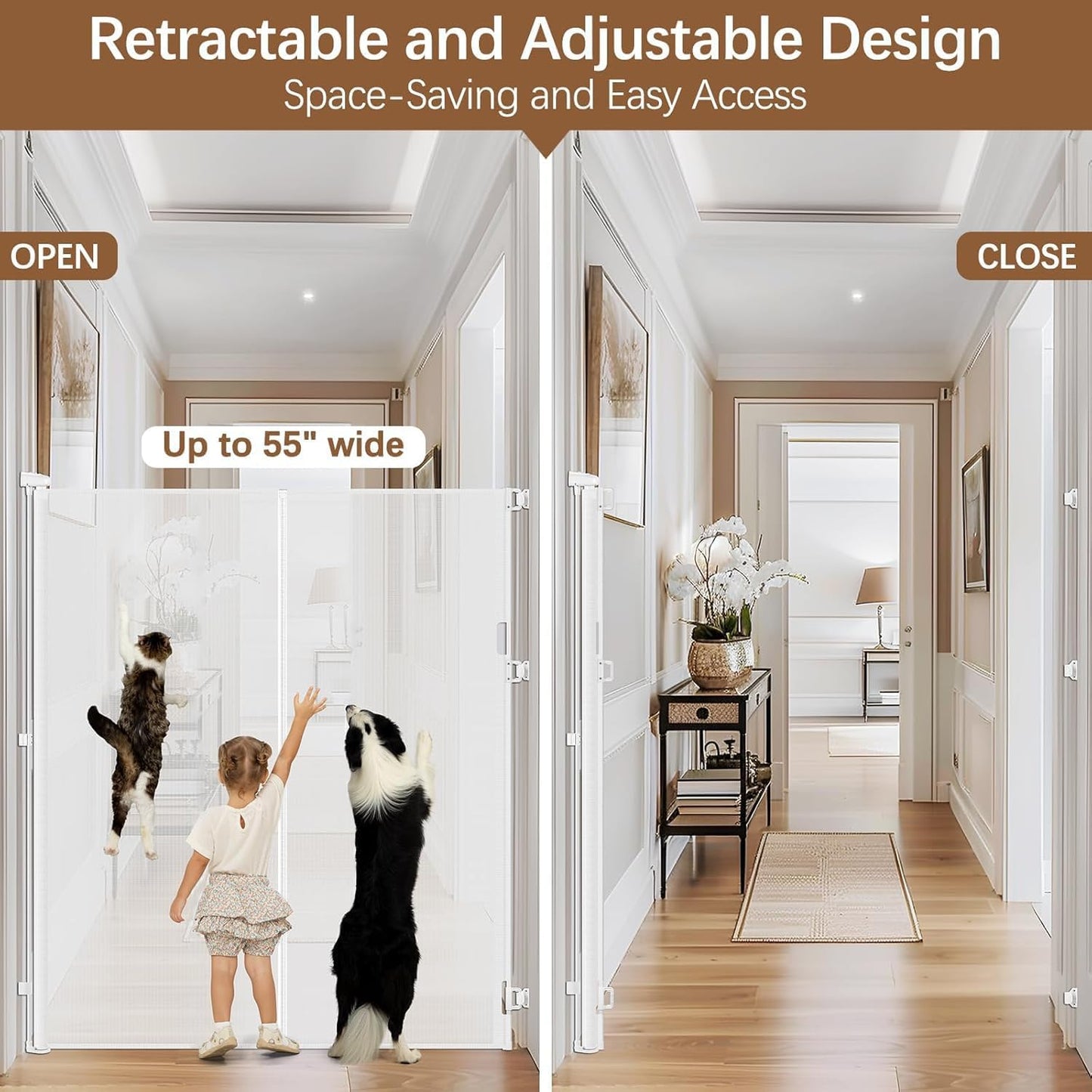 Reinforced 60 Inch Extra Tall Cat Gate Retractable Dog Gate - No Jumping Over/Crawling Under, 55" Wide Retractable Baby Gates for Cats with Reinforced Rods, 5ft Tall Dog Gate Indoor Cat Barrier/Black