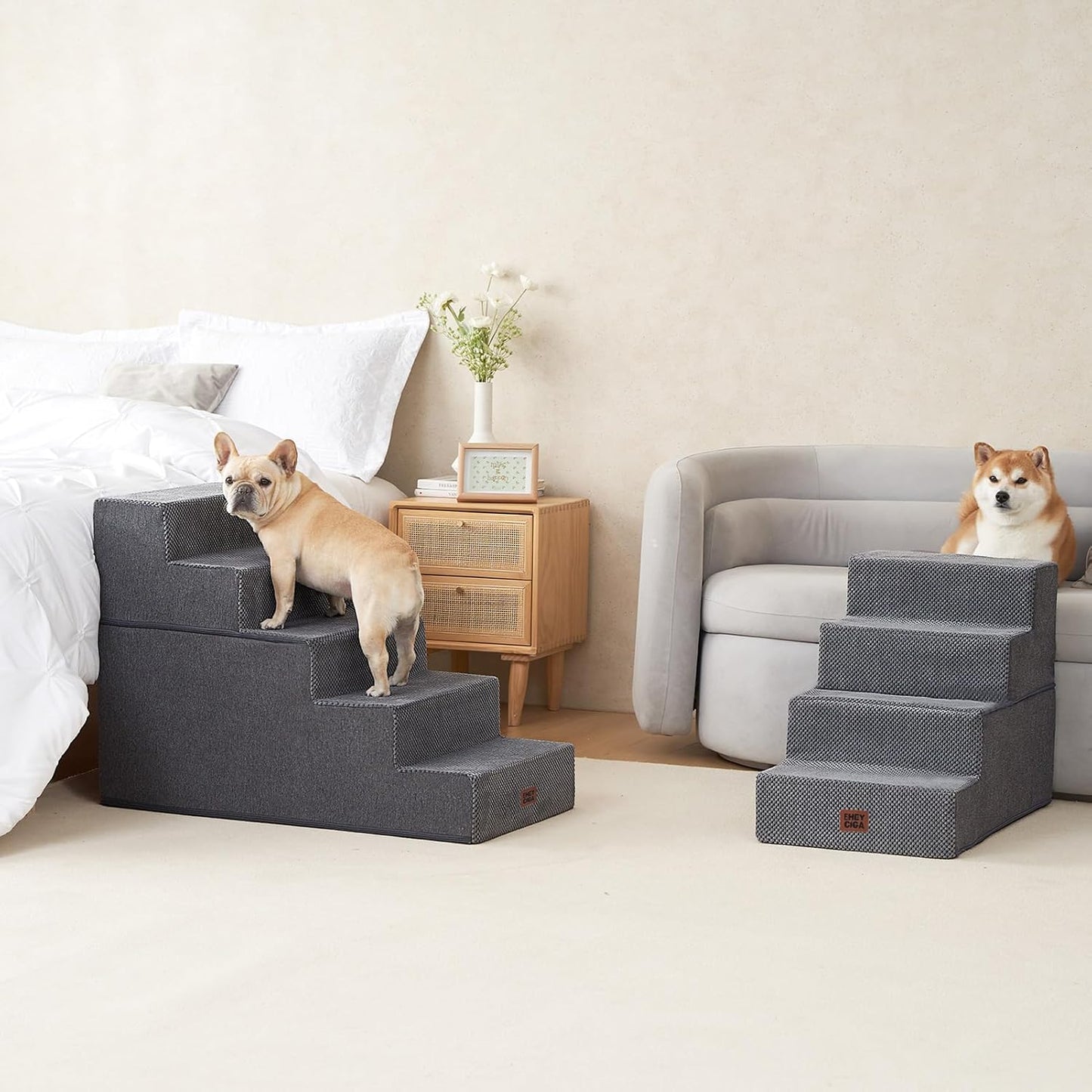 EHEYCIGA Dog Stairs for High Bed 22.5" H, 5-Step Dog Steps for Bed, Pet Steps for Small Dogs and Cats, Non-Slip Balanced Pet Ramp Indoor, Grey