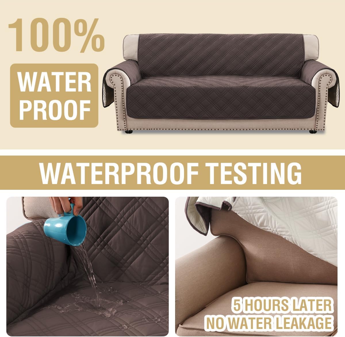 H.VERSAILTEX 100% Waterproof Slipcovers for Couches and Sofas Modern Pet Couch Cover Thick Soft Furniture Protector with Elastic Straps(Sofa, Lily Pad/Beige)