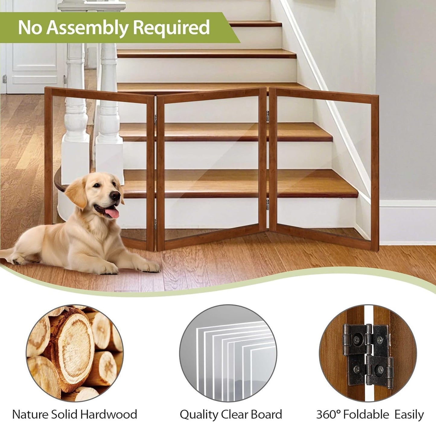 LZRS Clear Dog Gate for Indoor Use - Transparent Pet Fence with Solid Hardwood and Plastic Board, Stylish & Durable freestanding Pet Gate for Doorways, Stairs and Hallways-2 Panel Cherry