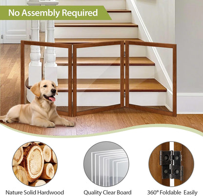 LZRS Clear Dog Gate for Indoor Use - Transparent Pet Fence with Solid Hardwood and Plastic Board, Stylish & Durable freestanding Pet Gate for Doorways, Stairs and Hallways-2 Panel Cherry