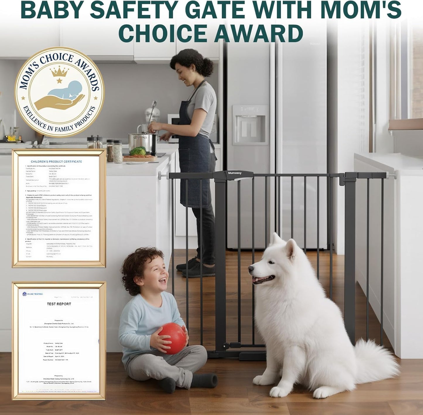 Mumeasy 29.7-46" Baby Gate for Stairs, Pressure Mounted Dog Gate for Doorways, Auto Close Walk Through Pet Gate Indoor, Extra Wide Metal Child Safety Gate, Mom's Choice Awards Winner, Black