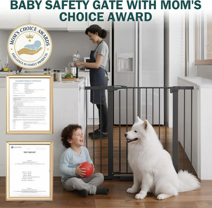 Mumeasy 29.7-46" Baby Gate for Stairs, Pressure Mounted Dog Gate for Doorways, Auto Close Walk Through Pet Gate Indoor, Extra Wide Metal Child Safety Gate, Mom's Choice Awards Winner, Black