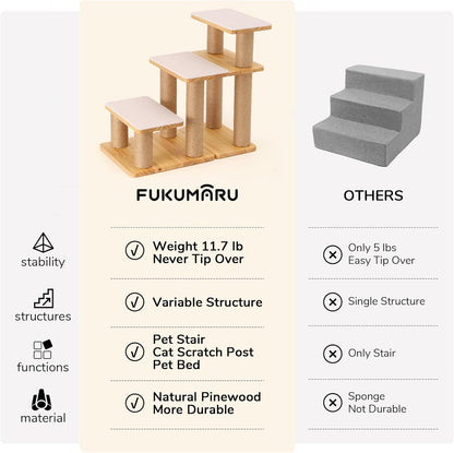 FUKUMARU 3-in-1 Pet Stairs, Retro-style Dog Steps for Cats and Small Dogs, Wooden Cat Stairs for High Bed with Scratching Post, Dog Ramp for Couch with Cat Condo Cave, Easy to Clean & Aesthetic Design