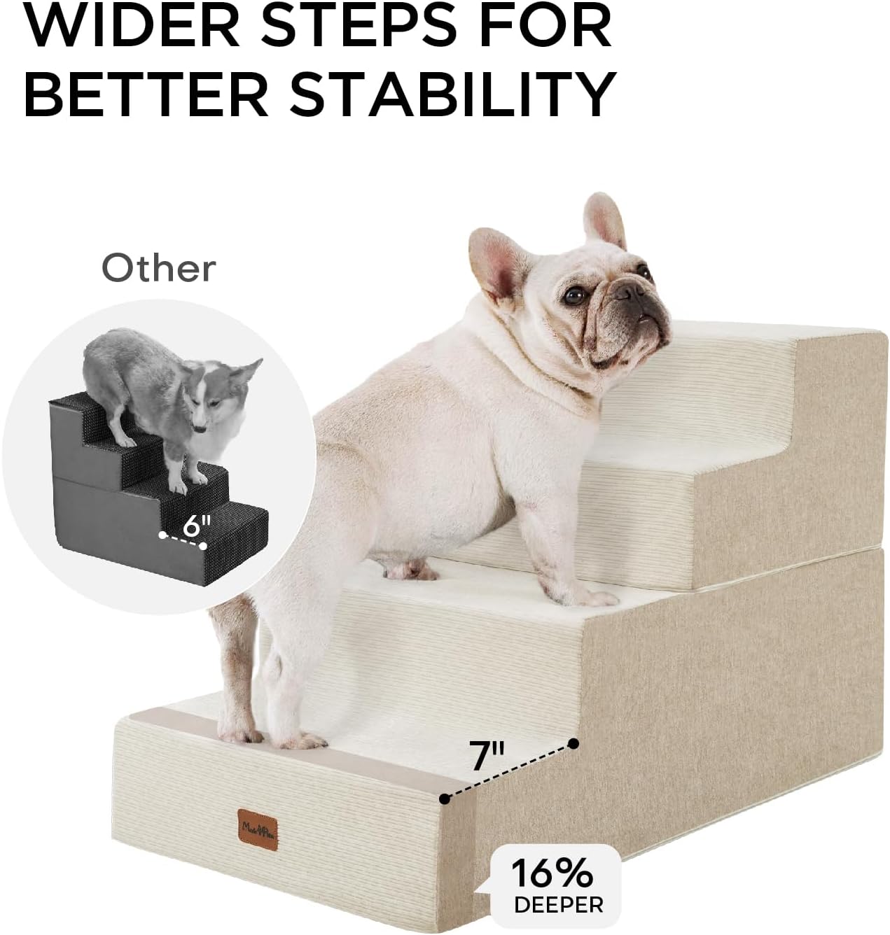 Made4Pets Dog Steps for Bed, Extra Wide Dog Stairs for High Bed Couch Sofa, 35D Foam Pet Steps for Small Dogs and Cats(Up to 40lbs), Non-Slip Bottom Pet Stairs, Tan, 4 Steps