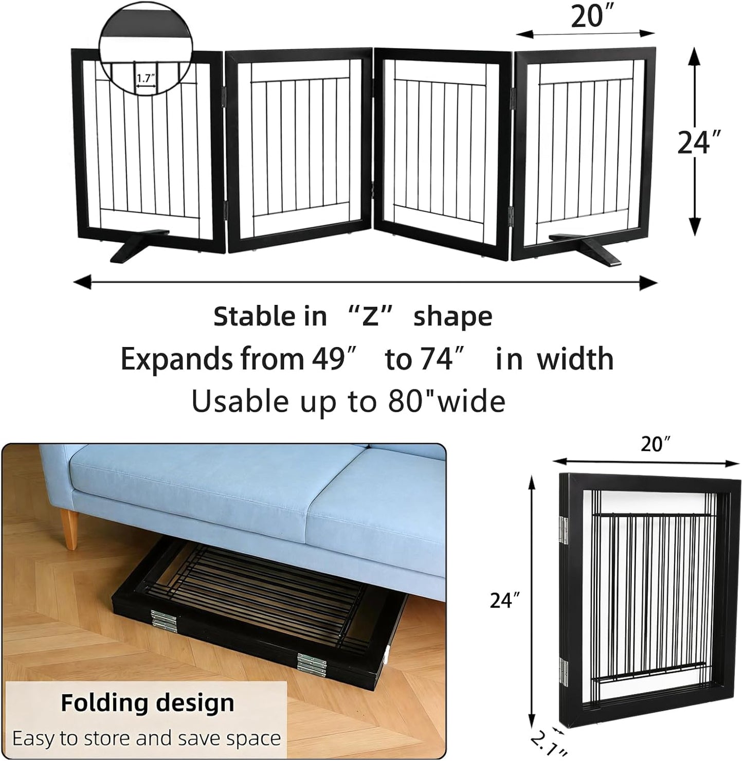 ZJSF Freestanding Dog Gate Indoor, Foldable Dog Fence for Doorways,Hallways or Stairs, Sturdy Wood Extra Wide Pet Gate with Support Feet,Black,24 "Height-3 Panels
