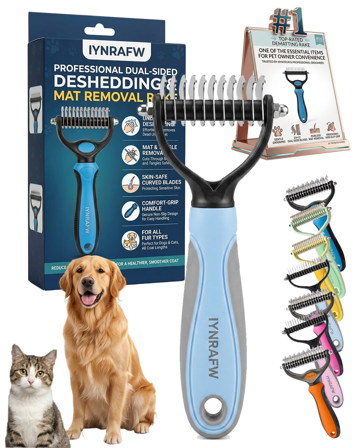 Pet Pro Grooming Tool Dual Tooth Pet Grooming Comb Undercoat Rake for Dogs Cats Long Hair Deshedding Tool Dematting Brush Double Sided Stainless Steel Teeth Remover Mats Tangles Loose Fur