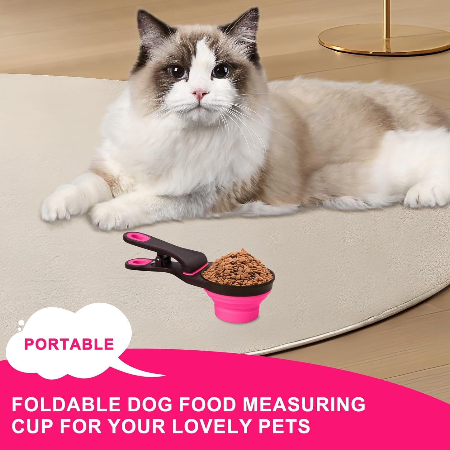 Collapsible Silicone Dog Food Scoop Foldable Pet Food Measuring Cup with Bag Clip 3 in 1 Multi-Function Silicone Dog Food Scooper (Rose Red, Medium)
