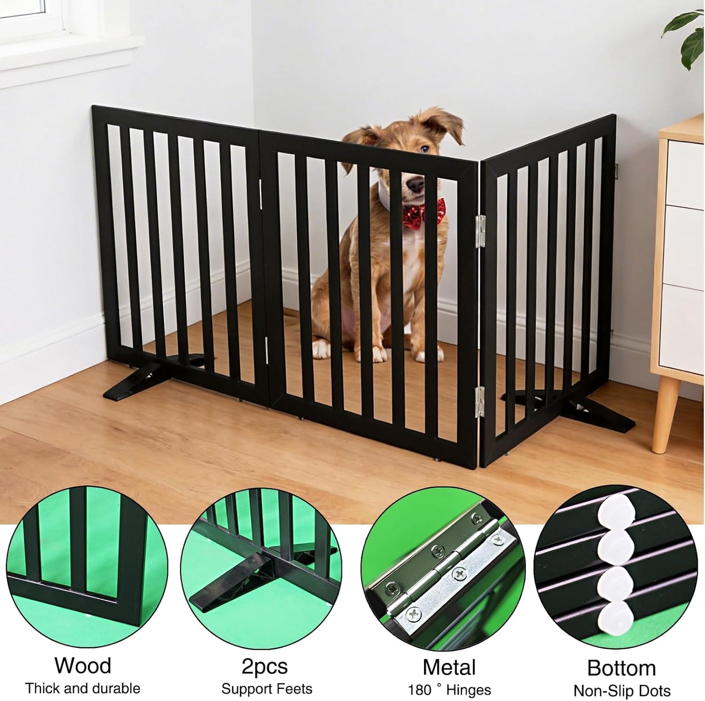 ZJSF Freestanding Indoor Dog Gate for House Foldable Wood Puppy Gate for Doorways Pet Gate for Stairs Extra Wide Pet Fence, Brown, 24" Height 3 Panels