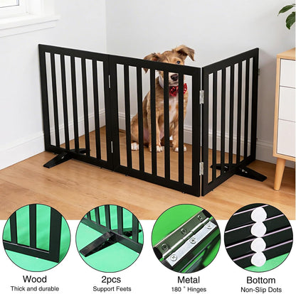 ZJSF Freestanding Indoor Dog Gate for House Foldable Wood Puppy Gate for Doorways Pet Gate for Stairs Extra Wide Pet Fence, Brown, 24" Height 3 Panels