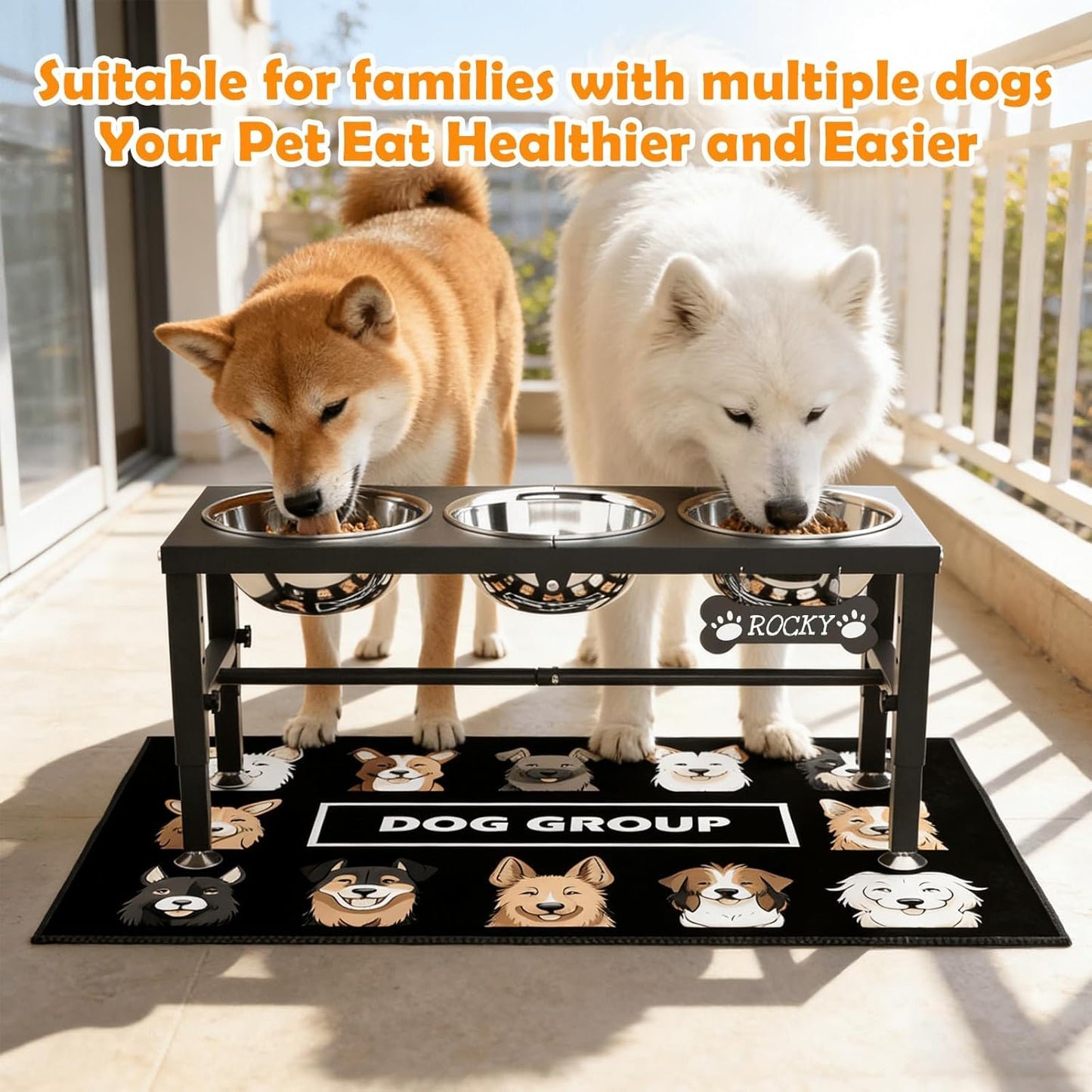 ADENGL Elevated Dog Bowls, 10" Tall Height, Raised Bowl Stand with 2 Stainless Steel Food Feeder Bowls (58oz) and Spill-Proof Mat for Medium Large and Small Breeds