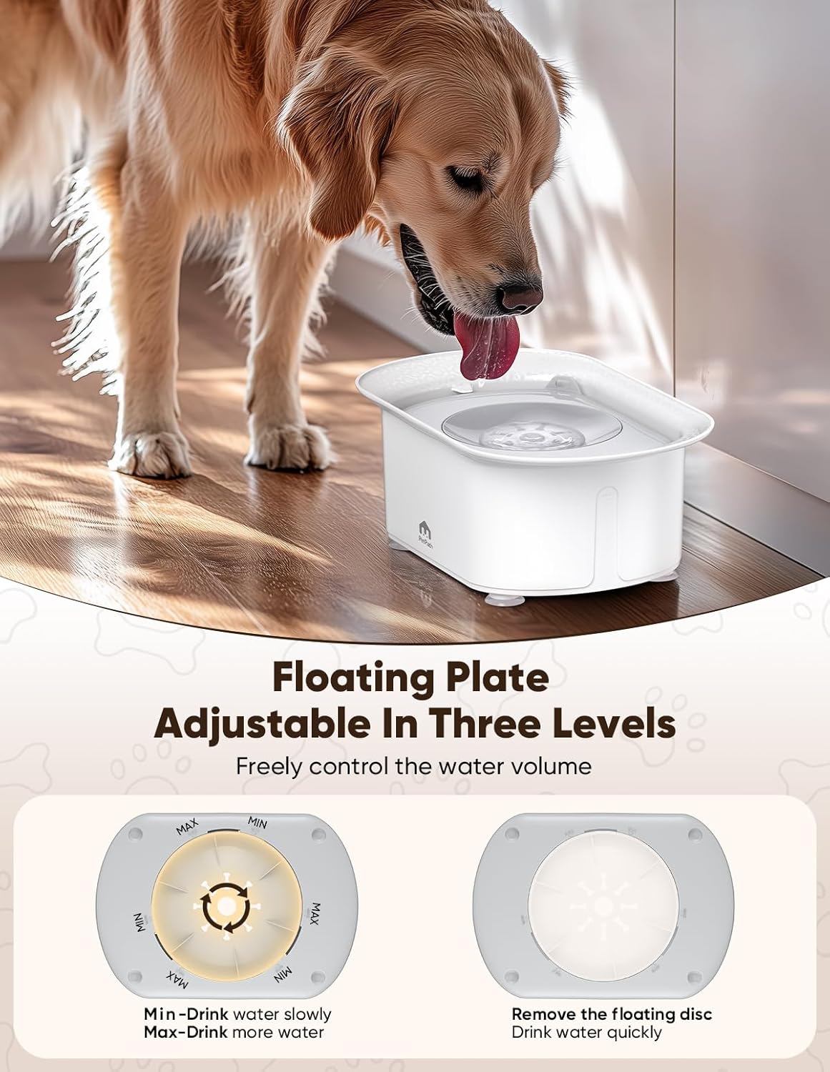 Dog Water Bowl, 2.2L No Spill Water Bowl for Dogs,with Suction Cup Foot Pad Reduce Refill, Anti Splash No Mess Dispenser Dripless Slow Drinking Water Bowl for Sloppy Messy Drinkers (Gray)