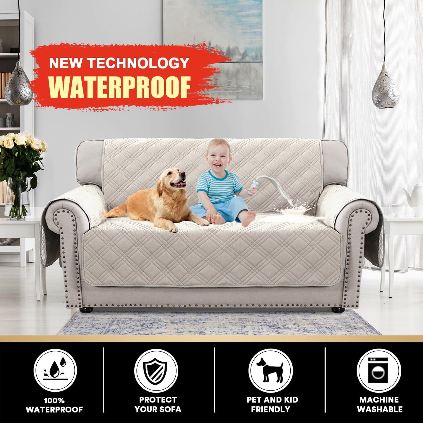 PrinceDeco 100% Waterproof Couch Cover for 3 Cushion Couch Sofa Pet Friendly Non-Slip Couch Cover for Dogs Washable Water Resistant Furniture Protector with Elastic Straps(Sofa 68", French Oak)