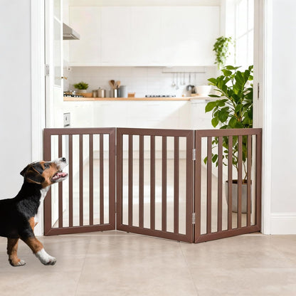 ZJSF Freestanding Indoor Dog Gate for House Foldable Wood Brown Puppy Gate for Doorways Pet Gate for Stairs Extra Wide Pet Fence 24" Height 2 Panels