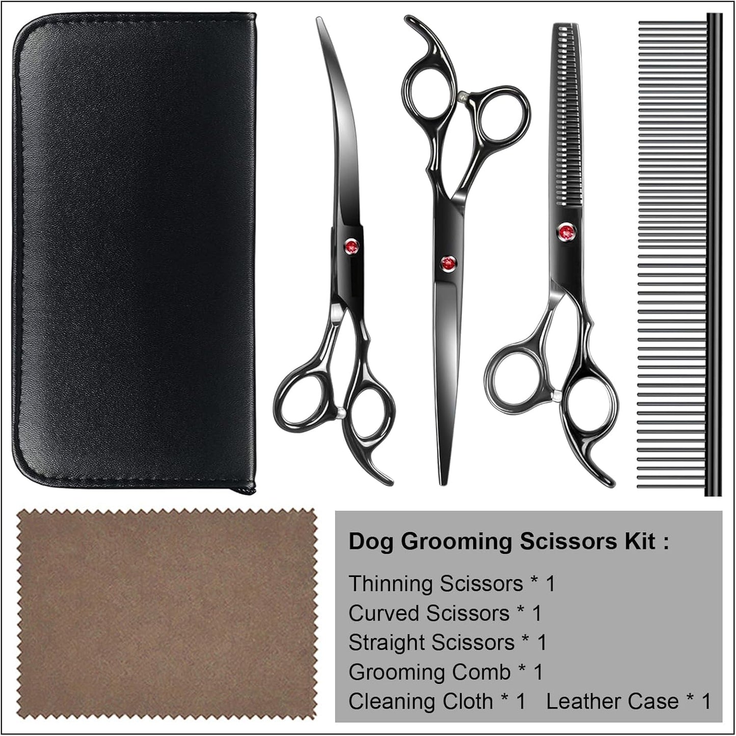 TINMARDA Dog Grooming Kit, Professional Stainless Steel Dog Grooming Scissors with Curved Shears, Pink Finger Rings - 4 Piece Sharp Durable Pet Shears for Dogs Cats At Home Salon-Quality Grooming
