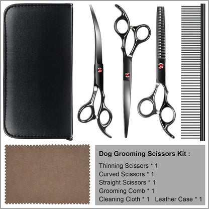 TINMARDA Dog Grooming Kit, Professional Stainless Steel Dog Grooming Scissors with Curved Shears, Pink Finger Rings - 4 Piece Sharp Durable Pet Shears for Dogs Cats At Home Salon-Quality Grooming